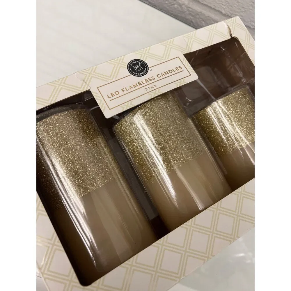 Modern Expressions Led Flameless Gold Candles Lot Of 3 With Remote Control